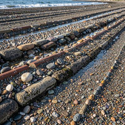 a shoreline with layered pebbles