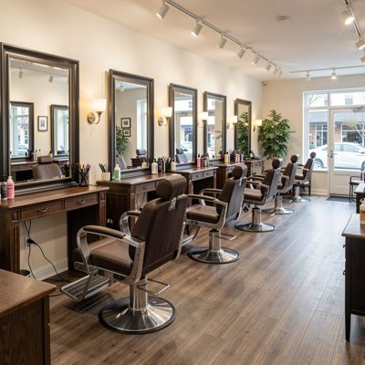 a hair salon interior with mirrors and styling chairs