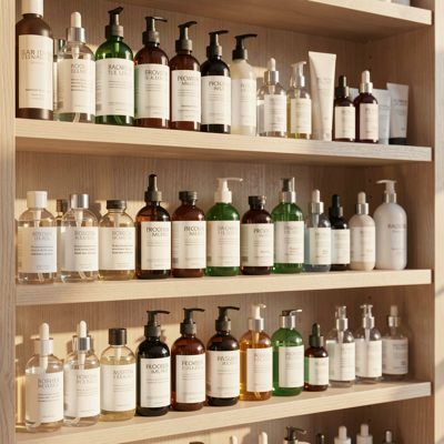 shelves of skincare bottles in soft light
