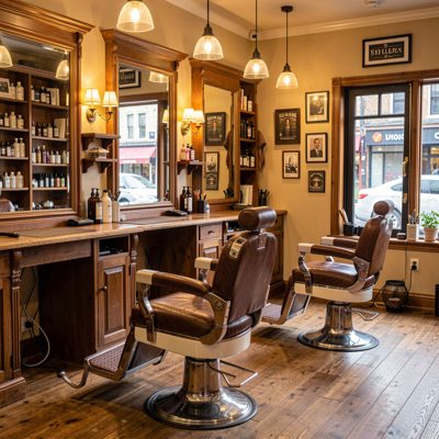 a barber shop with leather chairs and warm lighting