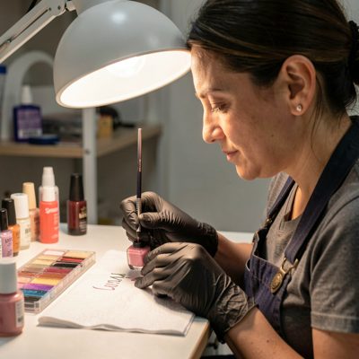 a nail technician applying polish under a lamp