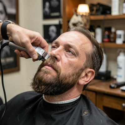 a barber trimming a beard with clippers