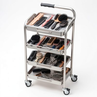 a salon trolley with combs, clips and brushes