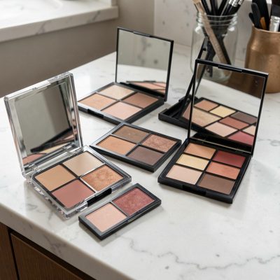 a set of makeup palettes open on a counter