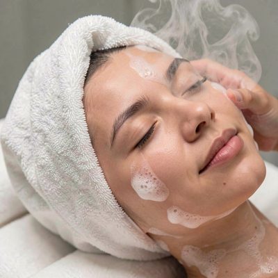 a hot towel being placed on a face