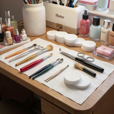 a manicure table with tools and cotton pads