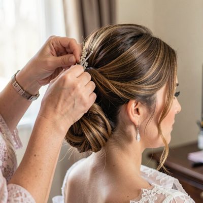 a bridal hair being pinned into an updo