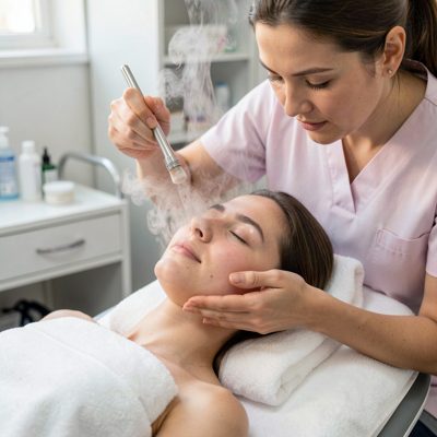 a beauty therapist steaming a client's face