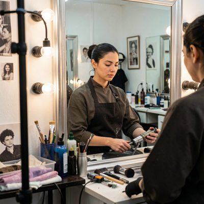a mirror reflection of a stylist at work