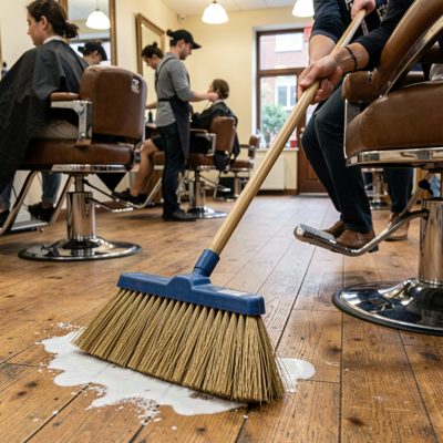 a salon floor being swept after a cut