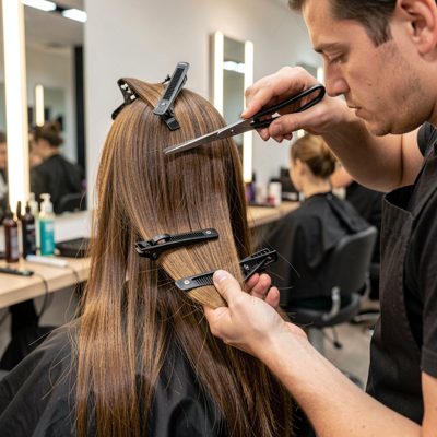 a hairdresser sectioning hair with clips