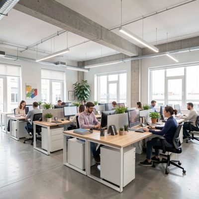 a bright modern open plan office with people working at desks