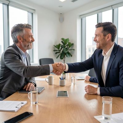 two colleagues shaking hands across a meeting room table