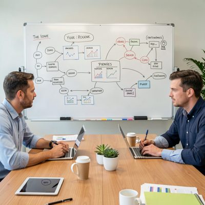 a team meeting around a whiteboard covered in diagrams