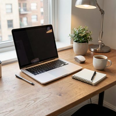 a tidy desk with a laptop, notebook and coffee by a window