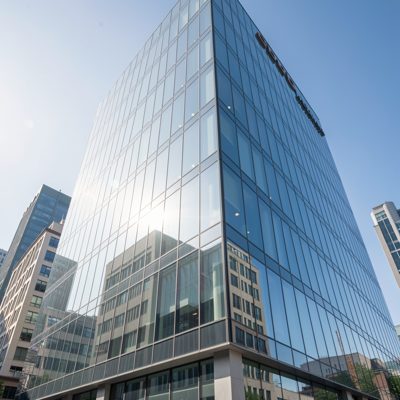 a glass fronted corporate building photographed from below