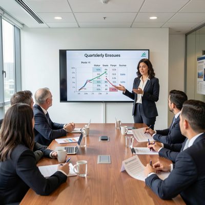 a woman presenting quarterly figures to a seated boardroom