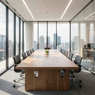 an empty glass walled meeting room with a long oak table