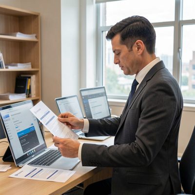 a manager reviewing printed reports at a standing desk