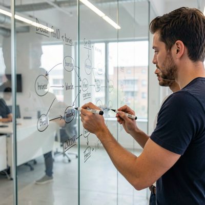 two people sketching a workflow on a glass wall with markers