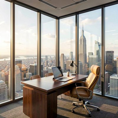 a corner office with a city skyline through floor to ceiling glass