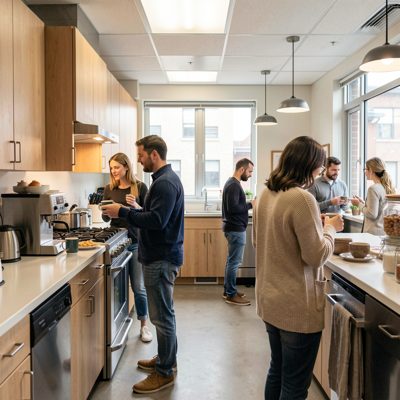 an office kitchen with people talking over coffee