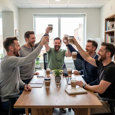 a team celebrating around a desk with raised coffee cups