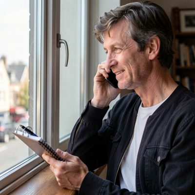 a person taking a call by a window with a notepad in hand