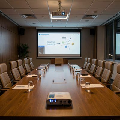 a boardroom lit only by a projector during a presentation