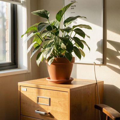 an office plant on a filing cabinet in afternoon light