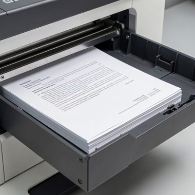 a printer tray filling with freshly printed documents