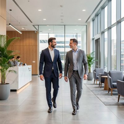 two managers walking and talking through an office lobby