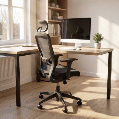 an ergonomic chair at an empty desk in morning light