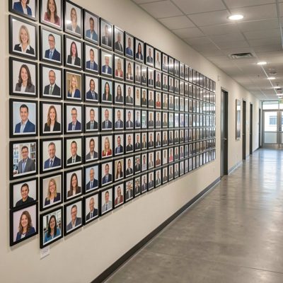 a wall of employee photographs in a company hallway