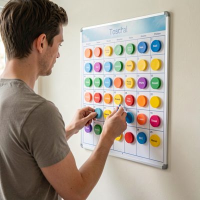a person organising a wall planner with coloured magnets