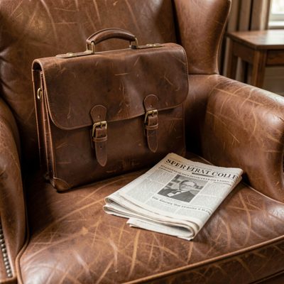 a briefcase and folded newspaper on a leather chair