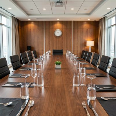 a conference room set for twelve with water glasses poured