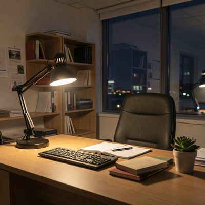 an office at night with one desk lamp still on