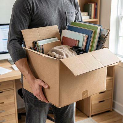 a person carrying a cardboard box of desk belongings
