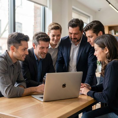 a huddle of colleagues looking at one laptop screen