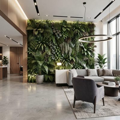 a modern office lobby with a green living wall