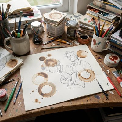 a cluttered creative desk with sketches and coffee rings