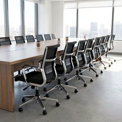 a row of empty office chairs pushed under a long table