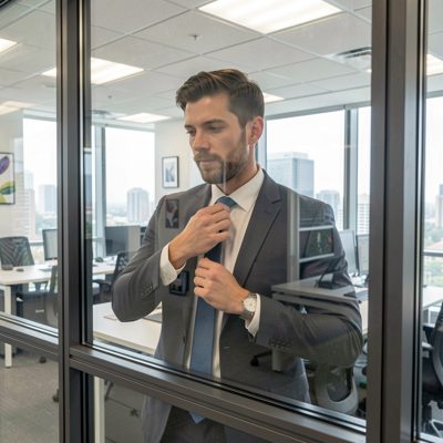 a person adjusting a tie in an office window reflection