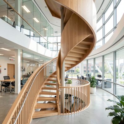 a spiral staircase in a bright modern office atrium
