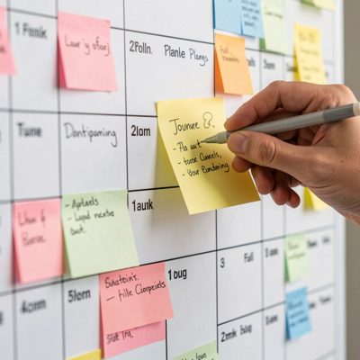 a hand placing a sticky note on a full planning board