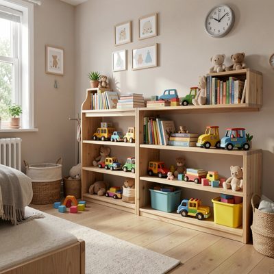 a nursery room with low shelves of toys