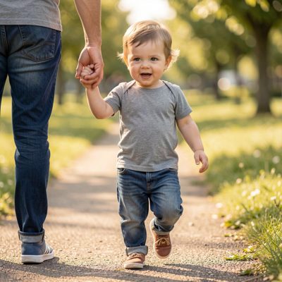 a toddler learning to walk holding a hand