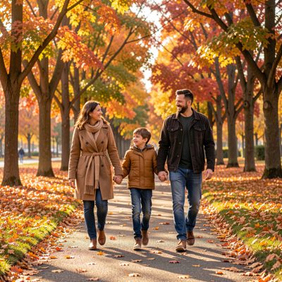 a family walking in a park in autumn
