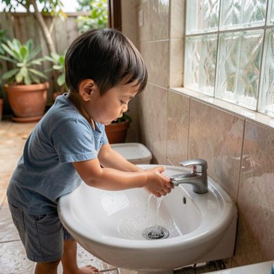 a child washing hands at a low sink